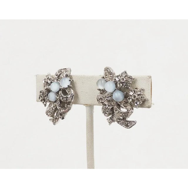 Modern Vintage 1950s Rhodium Plated Cabochon Faux-Blue Moonstone Earrings - 2 Pieces For Sale - Image 3 of 7