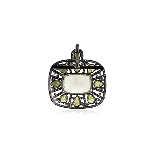 Metal Art Deco Green Amethyst & Diamond Large Pendant With Carved Leaf Peridot For Sale - Image 7 of 11
