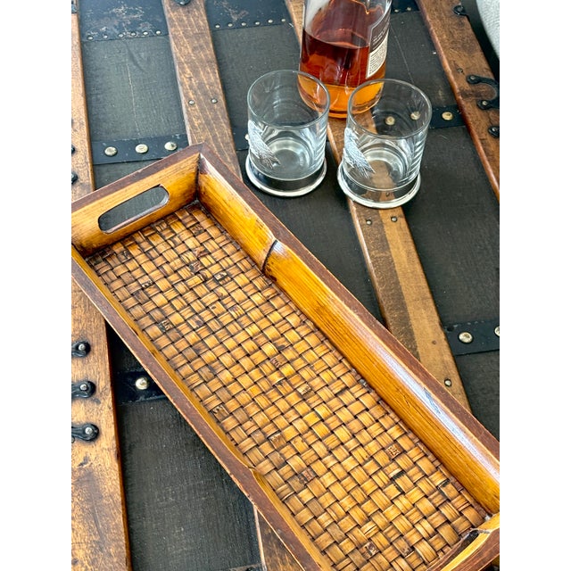 Contemporary Vintage British Colonial Platter Woven Bamboo Long Bar Tray 17.5" For Sale - Image 3 of 10