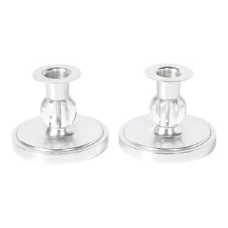 Pair of Art Deco Candle Holders in Brushed Aluminum & Glass Signed Kensington For Sale