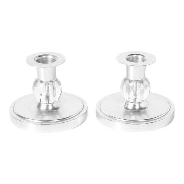 Pair of Art Deco Candle Holders in Brushed Aluminum & Glass Signed Kensington For Sale