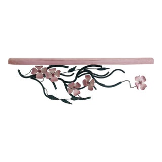 Vintage Tole Dogwood Flower Pine Wood Wall Shelf For Sale