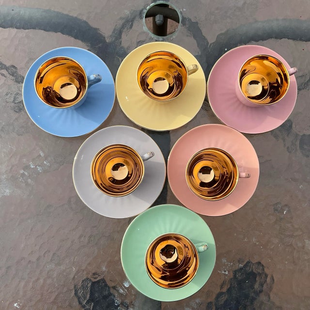 Set of 6 demitasse pastel cups and saucers with gold in the cups by Figgjo, Norway The last fine porcelain manufacturer in...