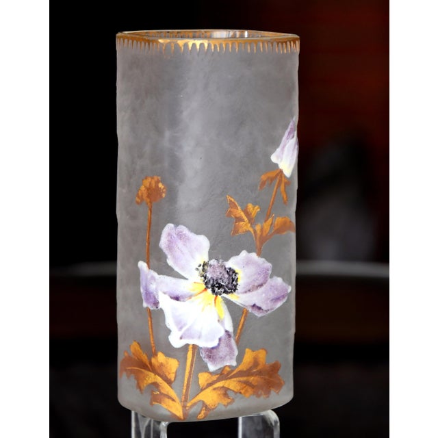 Glass Art Nouveau Rectangular Vase in White Acid-Etched Glass with Enamelled Floral Decoration Enriched with Gold from Montjoye F.-T. Legras, 1890 For Sale - Image 7 of 7