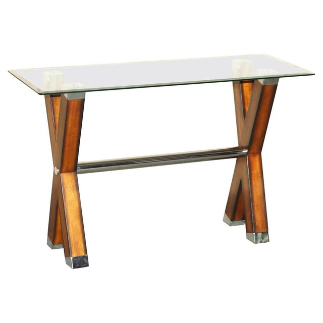 Chrome Tipped X Framed Console Table in Beech and Glass For Sale - Image 15 of 15