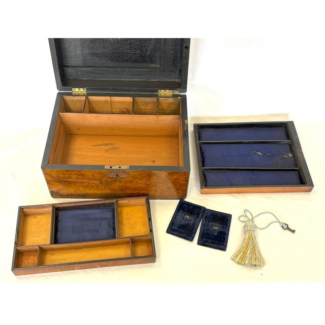 Early 20th Century Antique English Burlwood Writing Box With Blue Velvet Lining and Mother-of-Pearl Inlay For Sale - Image 5 of 12