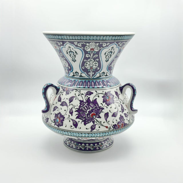 Handmade Ceramic Tri Handled King Vase (30cm) Purple and Turquoise Hatai Pattern For Sale - Image 6 of 8