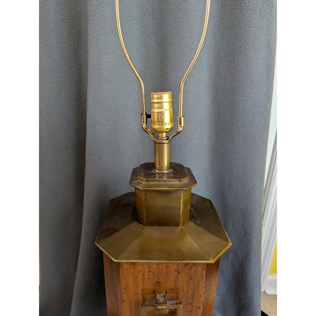 Mid 20th Century Vintage Burlwood and Brass Hexagonal Table Lamp For Sale - Image 5 of 9