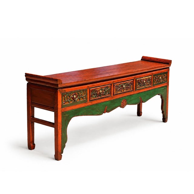 Monumental 8 Ft Extra Long 19th Century Chinese Console Altar Table Carved 5 Drawers Red Orange Green For Sale - Image 10 of 16