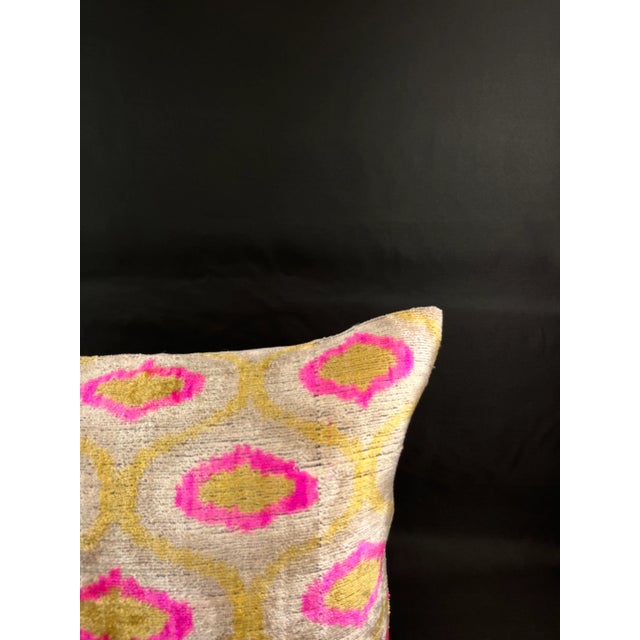 Traditional Pink and Golden Yellow Velvet Ikat Pillow Cover For Sale - Image 3 of 5