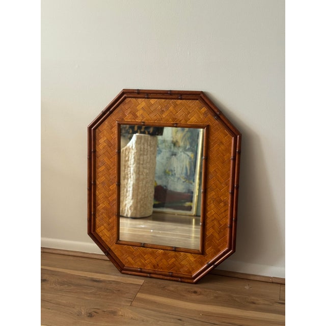 Mid-Century Modern Octagonal Parquetry Wood Framed Wall Mirror, Late 20th Century For Sale - Image 3 of 9