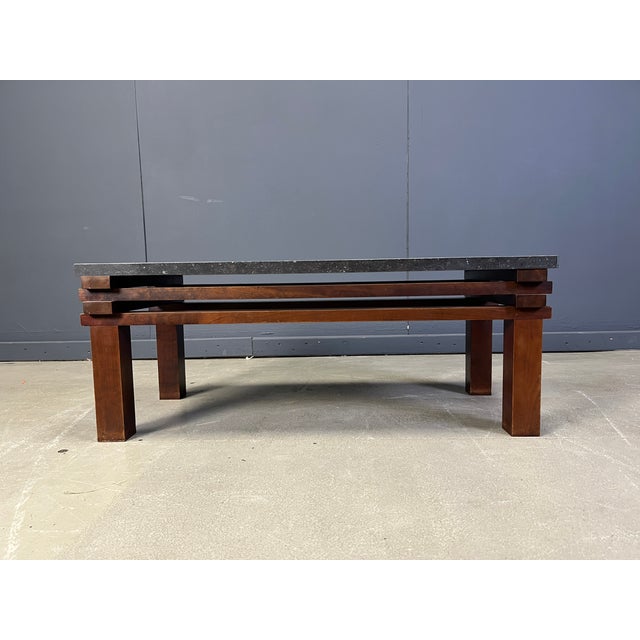 Mid-Century Modern Vintage Wooden and Stone Top Coffee Table, 1970s For Sale - Image 3 of 10