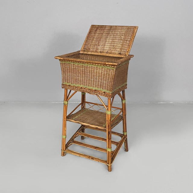Italian Art Deco cabinet or coffe table in rattan with green rattan detailing, 1930s Rectangular rattan storage unit with...