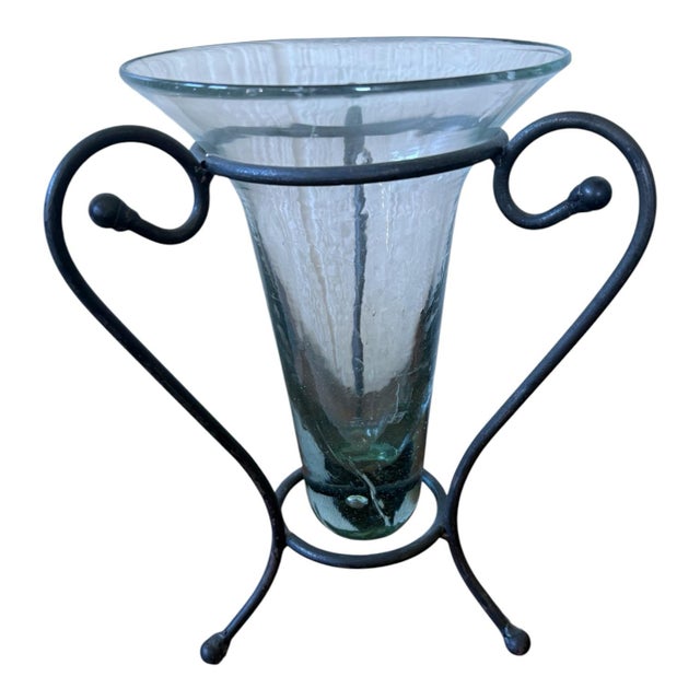 Mexican Glass Vase With Black Scroll Metal Stand, Green Tinted Trumpet Vase, Spanish Revival Mediterranean Decor, 11 Inch For Sale - Image 11 of 11
