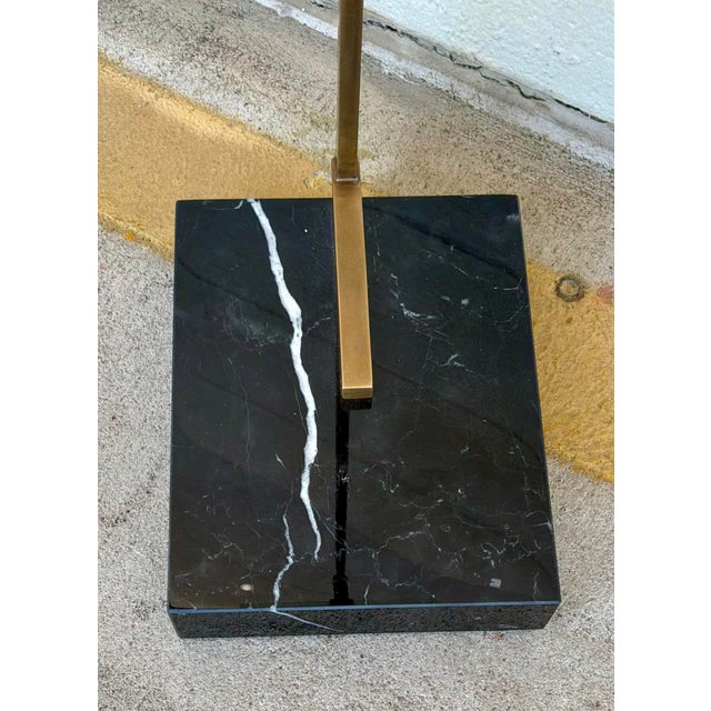 Original retail $640, stylish Currey & Company modern Black Marble Neil Drinks Table, antique brass stem, frosted glass...