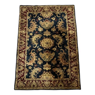 Hand-Knotted Persian-Style Wool Floral Rug in Navy and Burgundy For Sale