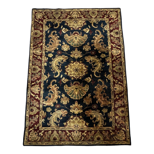 Hand-Knotted Persian-Style Wool Floral Rug in Navy and Burgundy For Sale