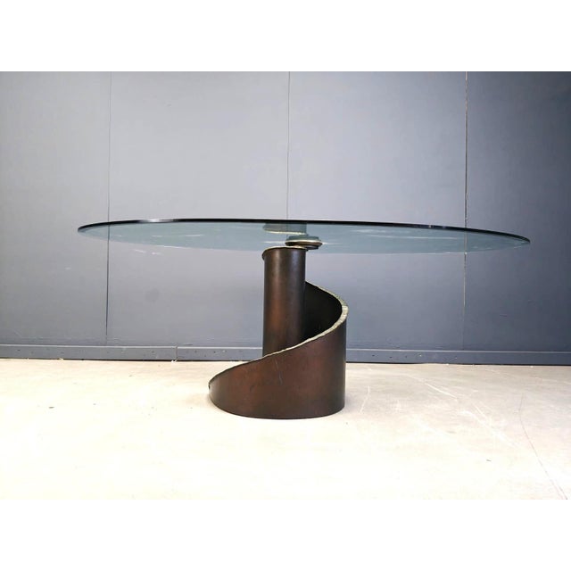 Metal Brutalist Glass and Bronze Dining Table attributed to Barilone for Roche Bobois, 1990s For Sale - Image 7 of 16