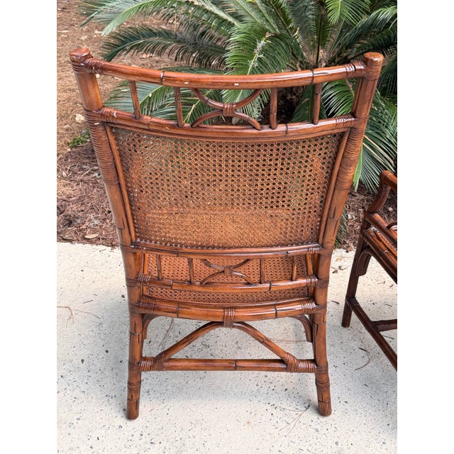 Wood Vintage Chinoiserie Rattan Bamboo Armchairs Woven Cane Seat & Backrest 1970s For Sale - Image 7 of 14