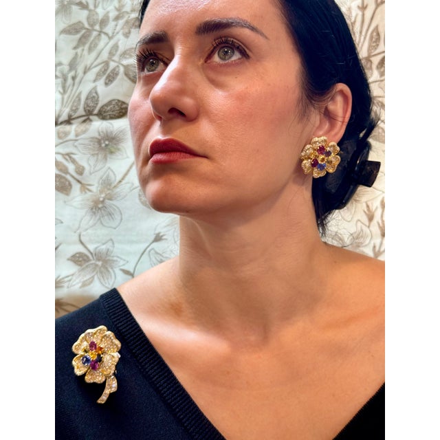 18K Yellow Gold Diamond & Multicolor Sapphire Flower Earrings by Designer Adler, A Pair For Sale - Image 13 of 18