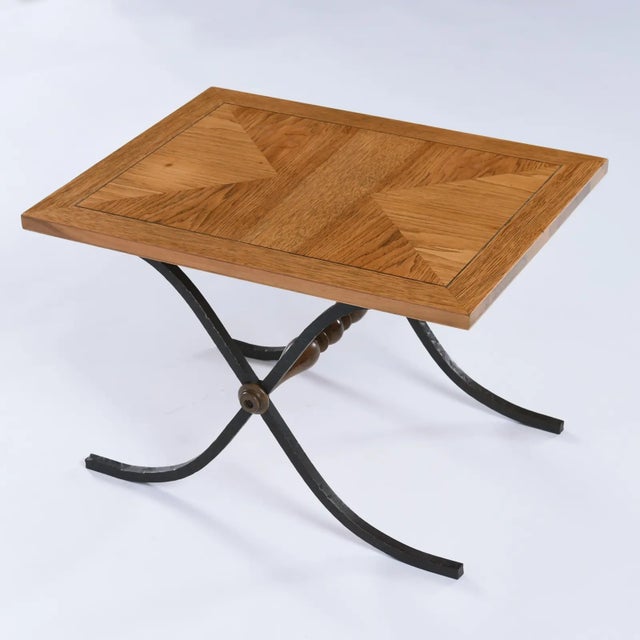 1970s Michael Taylor Style Petite Parquet Oa Side Tables With Iron X Base Swag Legs For Sale - Image 5 of 10