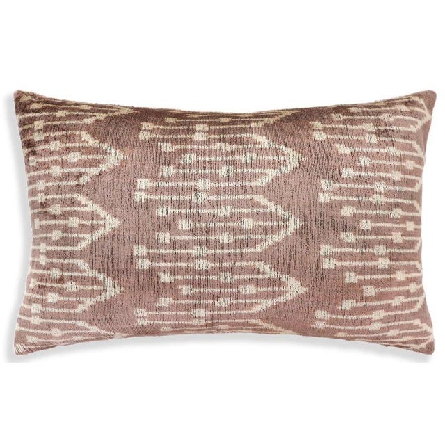 Mid-Century Modern Luxury Silk Velvet Ikat Throw Pillow 16x24 – Taupe & Blush Handmade For Sale - Image 3 of 8
