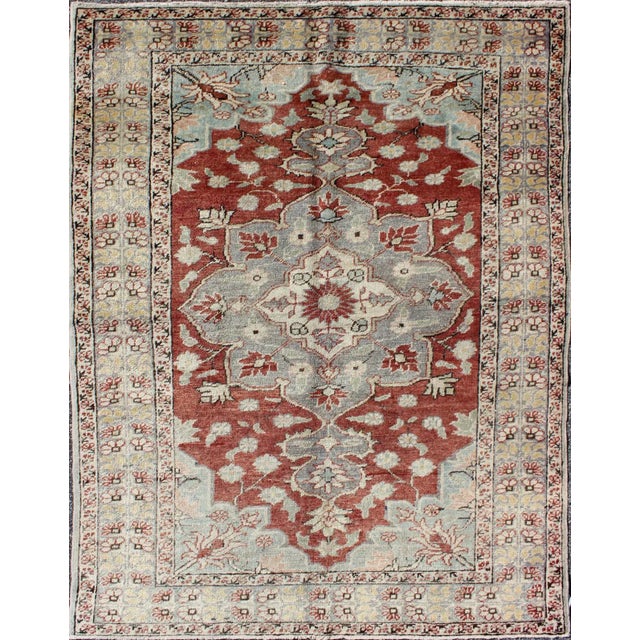 Textile Vintage Turkish Sivas Fine Rug in Red, Light Blue, Gray & Light Yellow Green For Sale - Image 7 of 7