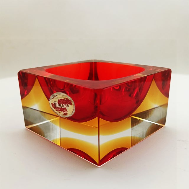 Square Ashtray or Catch-all in Murano Glass by Flavio Poli for Seguso. Stunning Red and Golden Yellow Submerged colors....