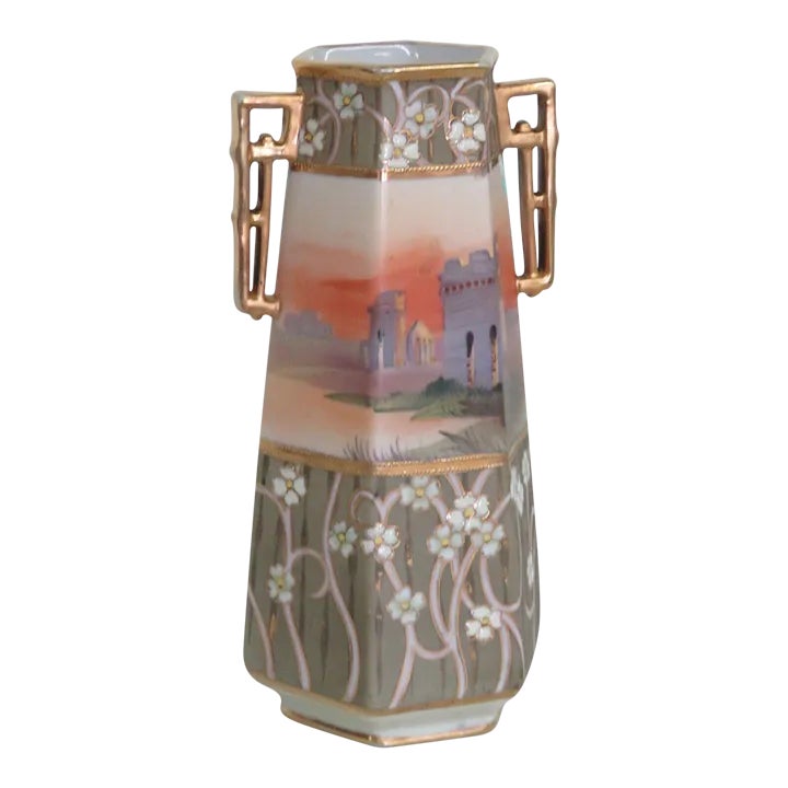 Nippon Hand Painted Hexagonal Vase With Two Gilded Handles | Chairish