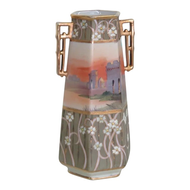 Nippon Hand Painted Hexagonal Vase With Two Gilded Handles For Sale