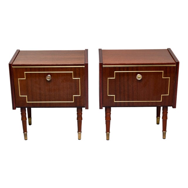 Mid-Century Walnut Nightstands With Brass Inlay -Pair For Sale