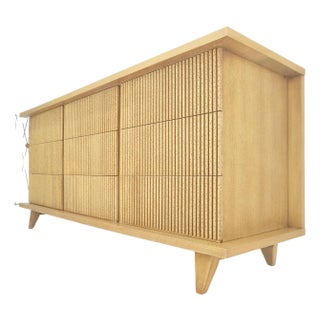 Light Walnut Reeded 9 Drawers Mid Century Modern 65" Long Dresser Credenza For Sale