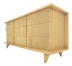 Light Walnut Reeded 9 Drawers Mid Century Modern 65" Long Dresser Credenza