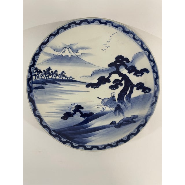 Early 20th Century Large 14.5" Blue and White Japanese Charger Mt Fuji For Sale - Image 6 of 17