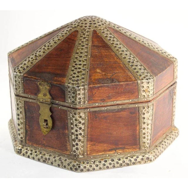 Large Asian decorative wooden jewelry box with brass overlay. Large ethnic Indian hand painted decorative jewelry wood box...