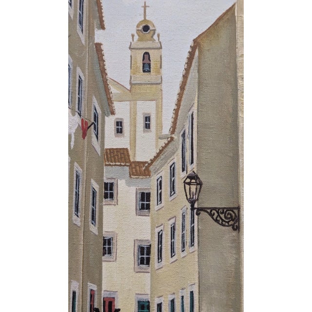 Wood Mid 20th Century Framed Signed Painting on Canvas. Girl on Lisbon Alfama Street by Antonio M Paulino For Sale - Image 7 of 15
