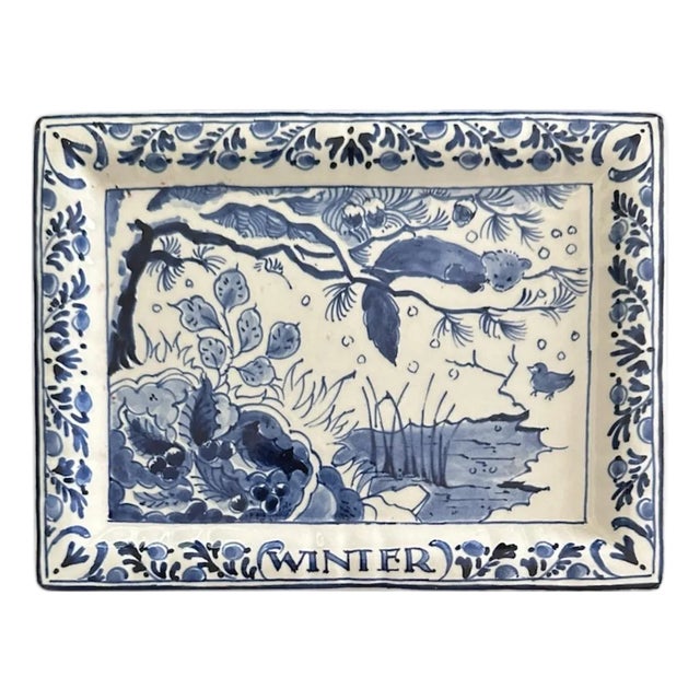 Vintage Hand Painted Blue & White Delft Rectangular Holiday Winter Scene Tray / Plate / Plaque, Signed For Sale