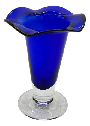 1980s 9” Tall Dark Cobalt Blue Art Glass Hand-Blown Vase W/ Ruffle Top