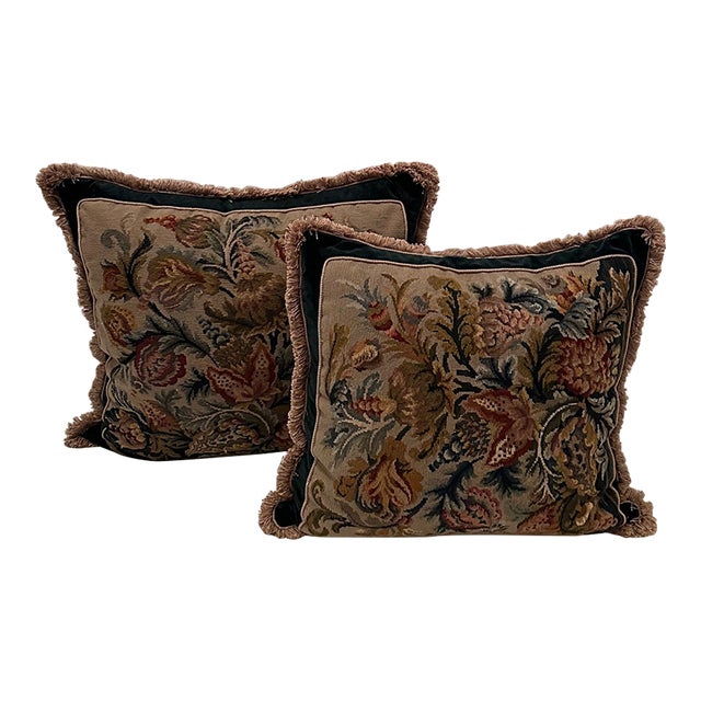 Hand Made Needlepoint Pillows With Bakelite Buttons -A Pair For Sale