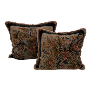 Hand Made Needlepoint Pillows With Bakelite Buttons -A Pair