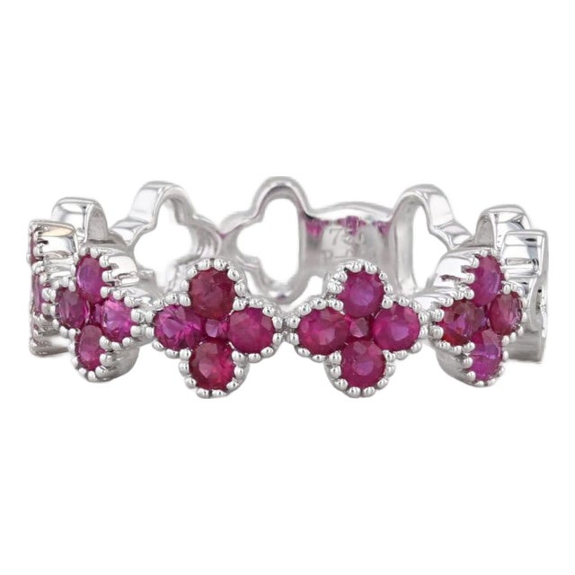 0.78ctw Ruby Flower Ring 18k White Gold Stackable Size 6.5 Band For Sale