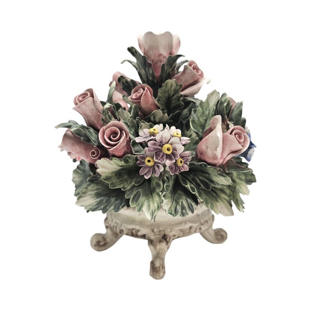 Rose VTG Nuova Capodimonte Porcelain Floral Centerpiece Basket Italy Signed 9.5 In For Sale - Image 8 of 11