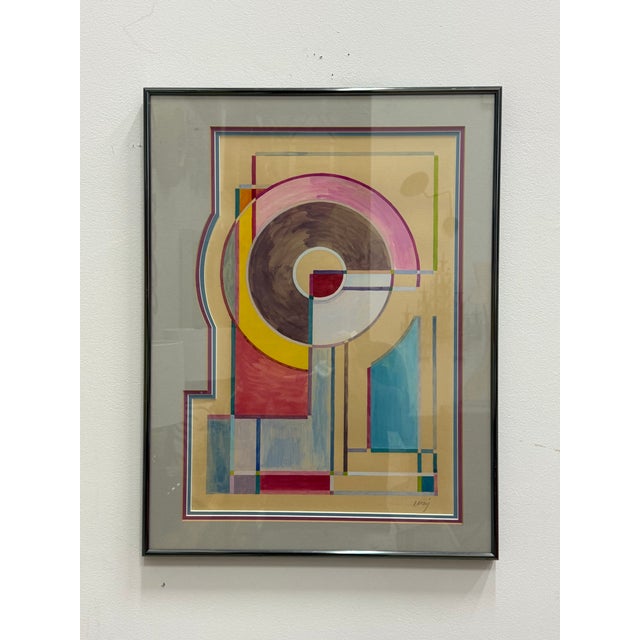 Stunning geometric mix media composition. Reminiscent of early Bauhaus work. The Matting: The artwork is set within a...