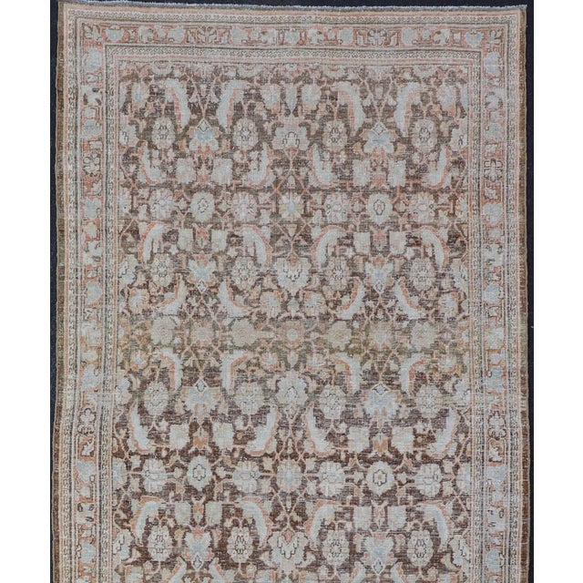 Tribal Brown Background Antique Persian Mahal With All-Over Floral Design in Orange 5 X 15 For Sale - Image 3 of 14