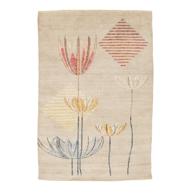 4x6 Modern Art Deco Floral Wool Rug Hand-Knotted Contemporary Area Rug For Sale