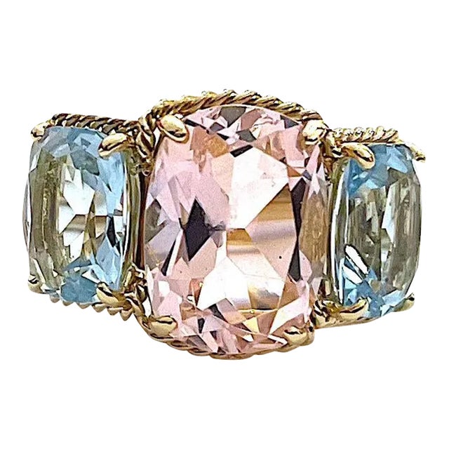 Christina Addison 18kt Yellow Gold Three Stone Ring With Pink Topaz and Blue Topaz and Rope Twist Border For Sale