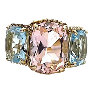 Christina Addison 18kt Yellow Gold Three Stone Ring With Pink Topaz and Blue Topaz and Rope Twist Border