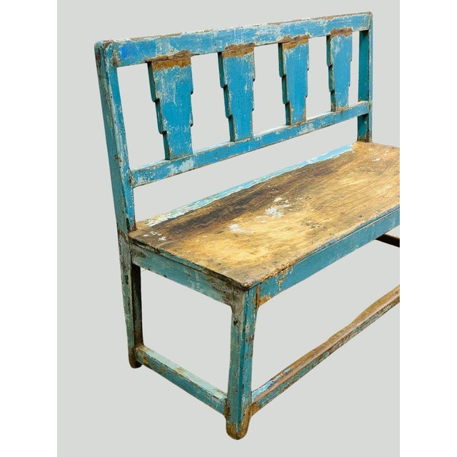 Early 20th Century Rustic Distressed Blue Wooden Bench With Geometric Cutout Backrest For Sale - Image 4 of 8