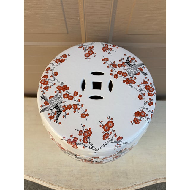 Orange Late 20th Century Chinoiserie Cherry Blossom Orange and Black Porcelain Garden Stool or Side Table For Sale - Image 8 of 8