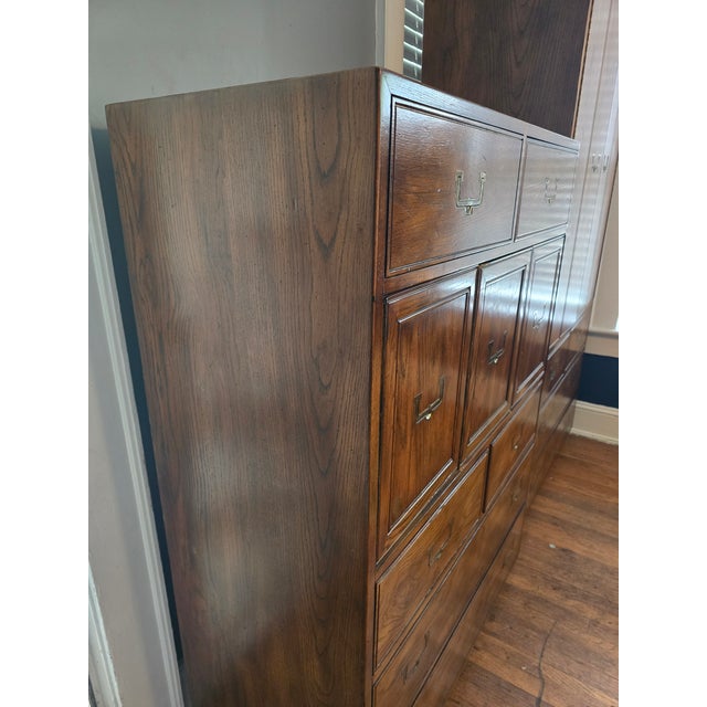 Mid-Century Modern Henredon Mid-Century Modern Campaign Style Highboy Dresser Chest Double Door For Sale - Image 3 of 7